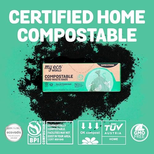 MyEcoWorld® Compostable Kitchen Waste Bags - 48 Count - 100% Certified Compostable - 13 Gallon - Super Strong - Leak Proof - Unscented - Easy to Open