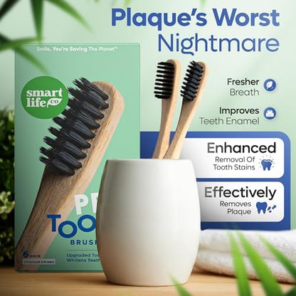 SmartLifeco Charcoal Bamboo Toothbrushes PRO - Extra Soft Natural Bristles for Adults & Kids Teeth | Zero Waste Bulk Wooden Tooth Brush | BPA Free, Eco-Friendly, Vegan - 6 Pack