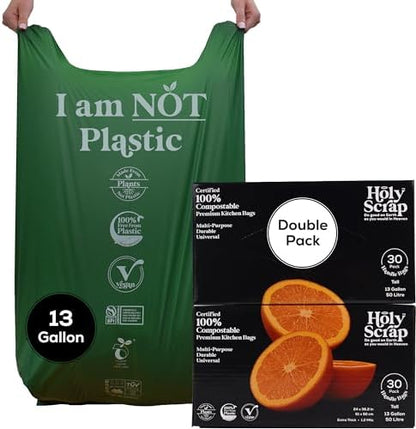 Extra Large Compostable Trash Bags - 13 Gallon, 60 Pack | Plastic-Free & Decomposing Tall Kitchen Garbage Bags & Liners with Easy-Tie Handles | Thick Bin Bags for Green & Food Waste