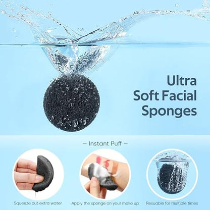 GAINWELL 50-Count Black Compressed Facial Sponges for Daily Facial Cleansing and Exfoliating, 100％ Natural Cosmetic Spa Sponges for Makeup Remover, Reusable