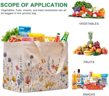 Aesthetic Canvas Reusable Grocery Bags Heavy Duty, 8.3 gal Foldable Large Tote Bag with Handles, Holds 60 lbs & Washable Eco-friendly Bags with 5 Pockets, Beige with a print 3 Bags（Wildflowers）