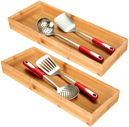 Bamboo Drawer Organizer Set of 2 for Kitchen Drawers, Large Stackable Drawer Organizer for Silverware, Utensils, Cutlery, Flatware, Junk Drawer, Dresser, Bathroom, 15" x 6" x 2"
