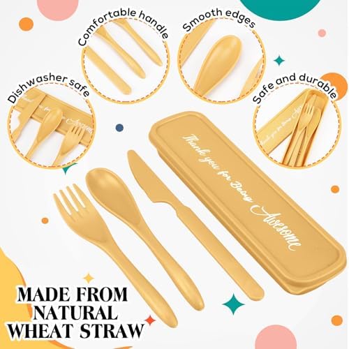 24 Pack Reusable Travel Utensils Set Case Thank You for Being Awesome Appreciation Gifts Bulk for Employee Coworker Student Portable Lunch Utensils Wheat Straw Fork Spoon Knife for Picnic(Light Color)