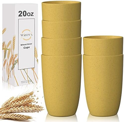 Wrova Wheat Straw Cups 6 PCS Good Alternative to Plastic Reusable Cups 20 oz Unbreakable Drinking Cup Reusable Dishwasher Safe Water Plastic Glasses Yellow Color