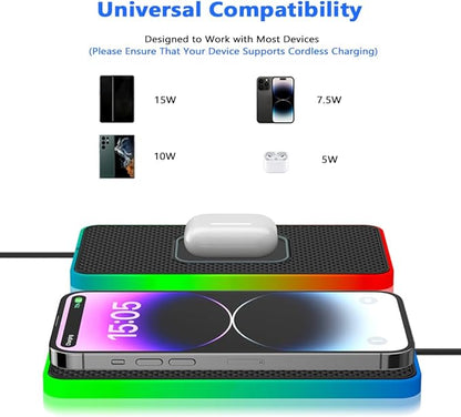 Cordless Car Charging Pad for Chevrolet Blazer/Blazer EV/Bolt EUV/Colorado, 5W/7.5W/10W/15W/20W Charging, Trim-to-Fit Non-Slip Phone Charging Mat with 8 Ambient Light Modes, 100cm Cable