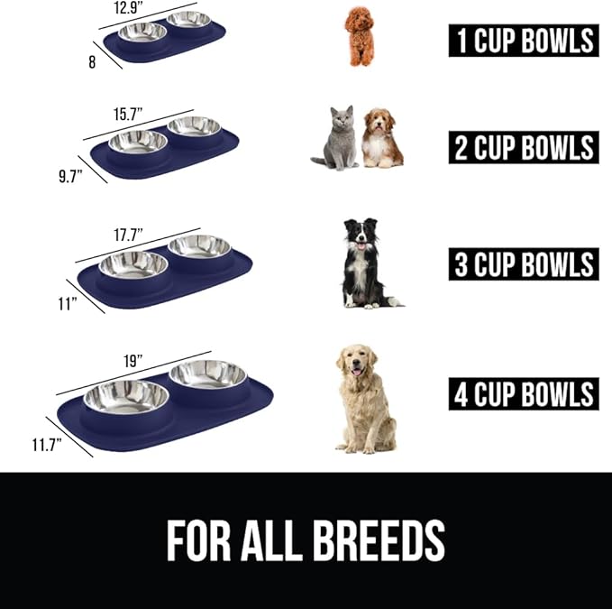 GORILLA GRIP Feeding Mat Set, 4 Cup, Patent Pending 100% Waterproof BPA Free Silicone, Stainless Steel Cat and Dog Bowls, Slip Resistant, Edges Catch Water Food, US Designed Pet Accessories, Navy Blue