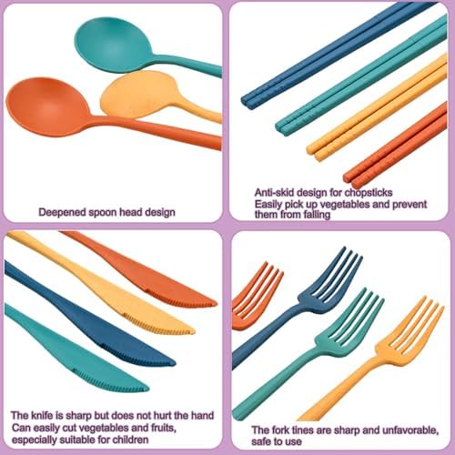6 Pack Wheat Straw Cutlery, Portable Travel Utensils Spoon Fork Knife, Reusable Flatware Set with Case for Travel Office Lunch Camping Daily Use(6 Colors)