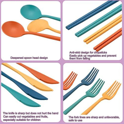 6 Pack Wheat Straw Cutlery, Portable Travel Utensils Spoon Fork Knife, Reusable Flatware Set with Case for Travel Office Lunch Camping Daily Use(6 Colors)