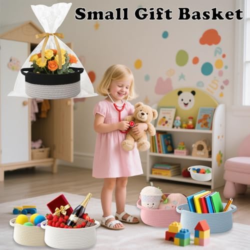 Woven Rope Basket - Baby Gift Basket with Bag & Ribbon, Black&Grey