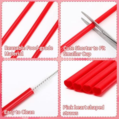 JANYUN 30 Pcs Red Heart Shaped Straws, Reusable Valentines Plastic Straw