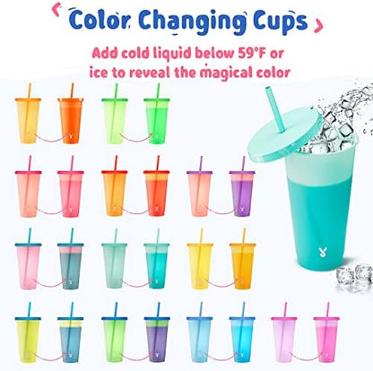 Meoky Plastic Color Changing Cups - 24 Pack 24 oz, Reusable with Lids and Straws for Adults, Kids, Parties, Cute Cold Cups for Iced Coffee