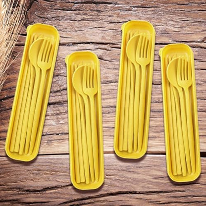 ELANE 4 Sets Reusable Travel Utensils Set with Case,Camping Cutlery Set Reusable Cutlery Set with Case,Utensil Sets for Lunch Picnic Daily Use Outdoor (yellow)