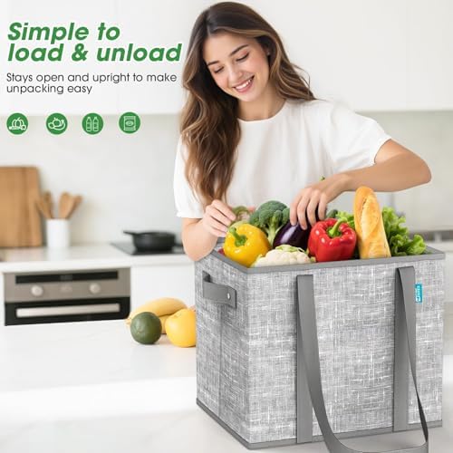 Fab totes Reusable Grocery Bags, Large Foldable Shopping Tote Bags with Reinforced Handles & Hard Bottom,2 Pack, Grey
