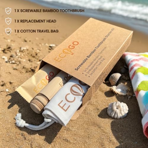 Screwable Bamboo Toothbrush Kit – Travel Toothbrush with Replacement Head & Cotton Storage Bag – Eco-Friendly, Compact, and Perfect for On-the-Go