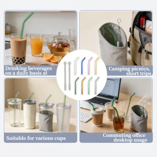 8 Pack Reusable Bent Glass Straws, 8 Inch Food Grade Heat Resistant, BPA FreeLead-Free Multicolor Glass Straws for Smoothie Milkshake Juice Cocktail Tea Hot Drinks, with 2 Cleaning Brushes