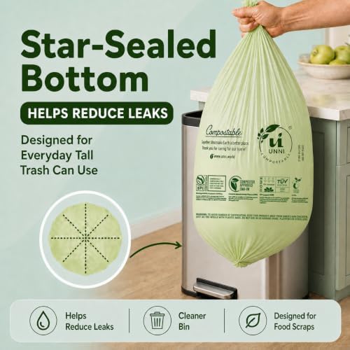 UNNI Compostable Bags, 13 Gallon, 50 Count, 49.2 Liter, Extra Thick 0.9 Mil