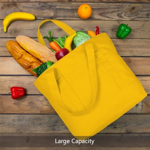 TOPDesign 6-Pack Canvas Tote Bags with an External Pocket, Reusable Grocery Shopping Bags, Top Zipper Closure, Daily Essentials (Yellow)