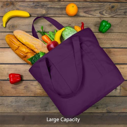 TOPDesign 3-Pack Canvas Tote Bags with an External Pocket, Reusable Grocery Shopping Bags, Top Zipper Closure, Daily Essentials (Purple)