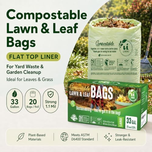 UNNI 30-33 Gallon Compostable Bags, 20 Count, 124 L, Extra Thick 1.1 Mil