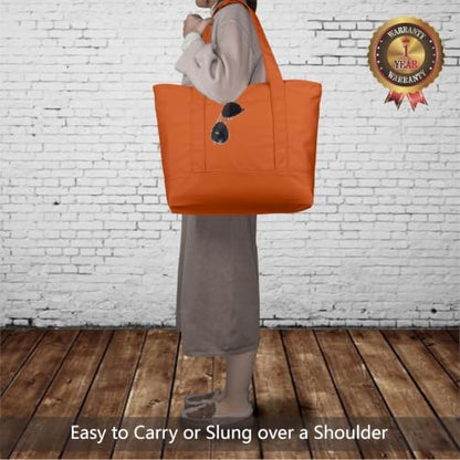 TOPDesign 3-Pack Canvas Tote Bags with an External Pocket, Reusable Grocery Shopping Bags, Top Zipper Closure, Daily Essentials (Orange)