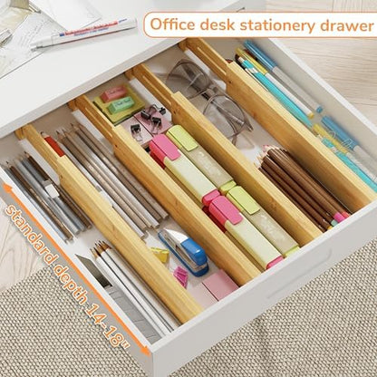 BAMEOS Bamboo Expandable Drawer Dividers – Fits 13.3"–19" Drawers, 2" High, Set of 4 | Spring-Loaded Bamboo Separator for Kitchen Island, Bathroom Vanity & Dresser Drawers