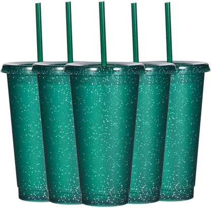 Suertestarry Tumbler with Straw and Lid,Water Bottle Iced Coffee Travel Mug Cup,Reusable Plastic Cups,Perfect for Parties,Birthdays,24oz-5 Pack (Dark Green, 5pack)