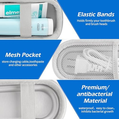 Toothbrush Travel Case for Oral B/Oral-B Pro 1000 1500 5000 7000 & Philips Sonicare 4100 1100 5300 5100 6100/iO Electric Toothbrush, Hard Protective Storage Bag (Silver case&toothbrush cap)
