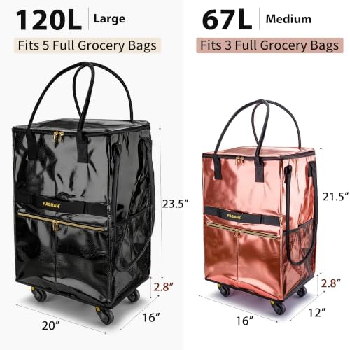 PASMAN Reusable Foldable Rolling Grocery Bag on 5 Wheels,Medium, Silver