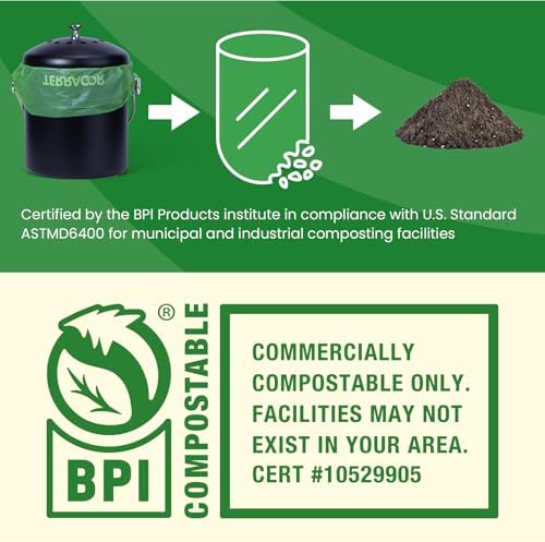 1.3 to 1.6 Gallon Compostable Trash Bags, 35 Count Green Compost Bags for Countertop Bin, Food Waste, Dispenser Packs Organic Biodegradable Bags BPI Certified Meet ASTM D6400 Standard