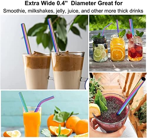 Vinaco 4 Pcs Rainbow 0.4" Wide Bore Reusable Stainless Steel Smoothie Straw