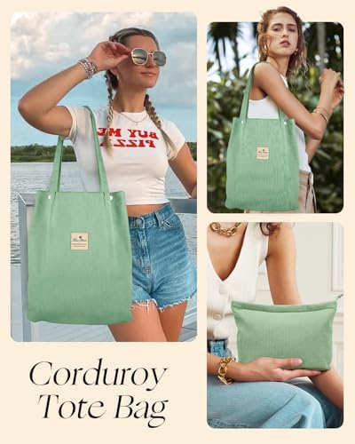 Miss Adola 2 Pack Corduroy Tote Bag with Pouch for Women