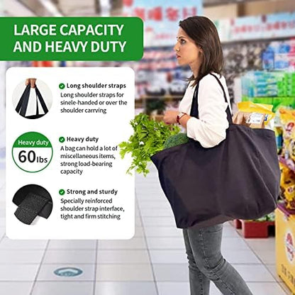 Heavy Duty Canvas Reusable Grocery Bags - 8.3 Gal Foldable Large Tote with Handles, Holds 60 lbs & Washable Eco-friendly Bags with 5 Pockets