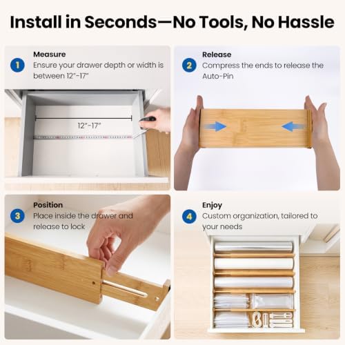 4 Pack 4" Deep Bamboo Drawer Dividers, 12-17" Expandable Kitchen Organizers