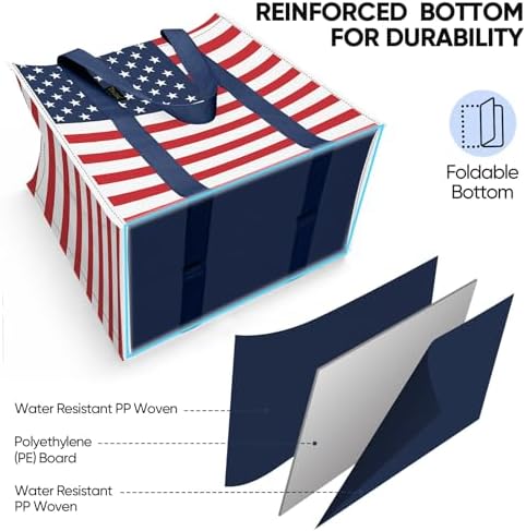 BALEINE 2 PK Grocery Bags Reusable Shopping Bags with Reinforced Bottom, Heavy Duty Foldable Tote Bags (Patriot Celebration)