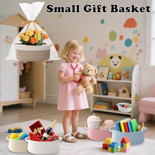 Woven Rope Basket - Baby Gift Basket with Bag & Ribbon, Mixed Brown