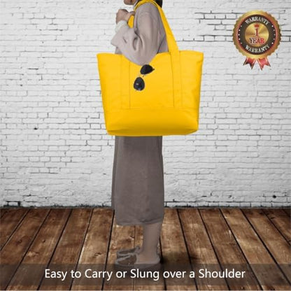 TOPDesign 1-Pack Canvas Tote Bags with an External Pocket, Reusable Grocery Shopping Bags, Top Zipper Closure, Daily Essentials (Yellow)