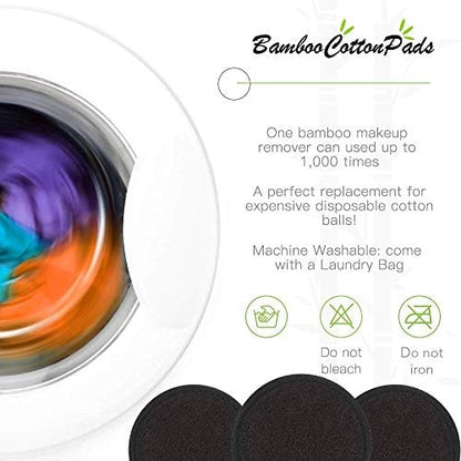 Reusable Makeup Remover Pads Black Washable - 10 Pack Organic Cotton Rounds for Face Eye with Laundry Bag, Facial Cleansing Cloth Towel, Make-Up Removal Wipes for All Skin Types