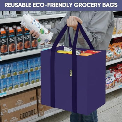 BALEINE 4 PK Grocery Bags Reusable Shopping Bags with Reinforced Bottom, Heavy Duty Foldable Tote Bags (Navy Blue)