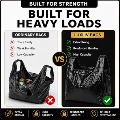 Heavy Duty Black Plastic Shopping Bags with Handles, T-Shirt Grocery Carrier, 12 x 18 x 24 Inch, HDPE for Retail, Convenience Stores and Takeout, 200 Count