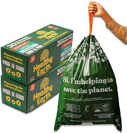 Healthy Earth 13 Gallon Compostable Drawstring Trash Bags, 1.13 Mil Extra Thick Tall Kitchen Liners (49.2 L), Heavy Duty Leak-Proof Food Scrap Bags, BPI & TÜV OK Compost Certified, 60 Count