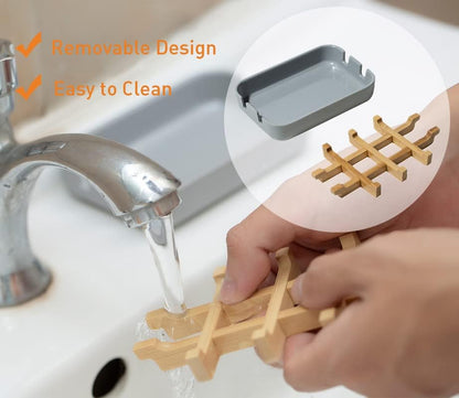 Eco-Friendly Bamboo Soap Dishes, Removable Soap/Sponge Holder for Home, Bathtub Soap Tray, Grey