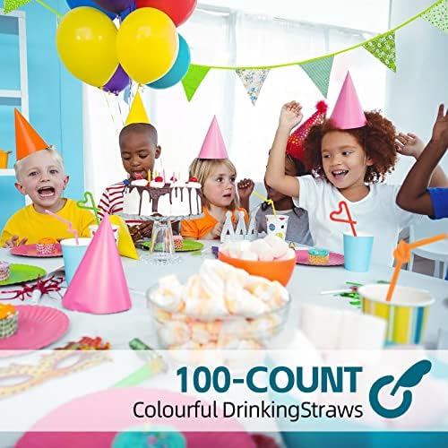 [Individually Wrapped] 100 Pcs Colorful Flexible Plastic Straws