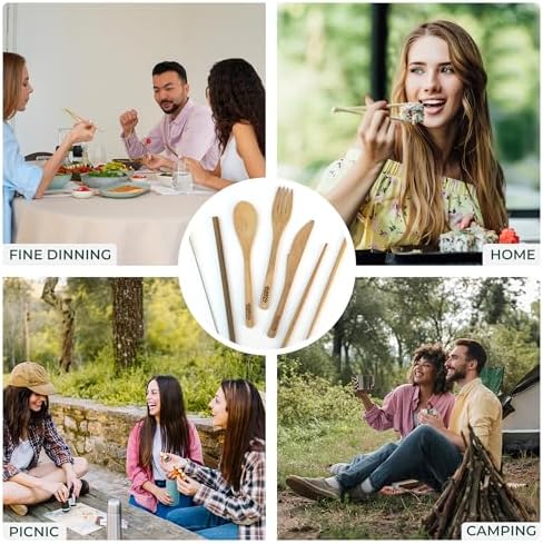 Travel Utensils with Case Set Fork, Knife, Spoon, Chopsticks, Straw, Straw-cleaning brush, Travel Pouch and Carabiner, Excellent For Everyday Use! ((1Set) Midnight Black)