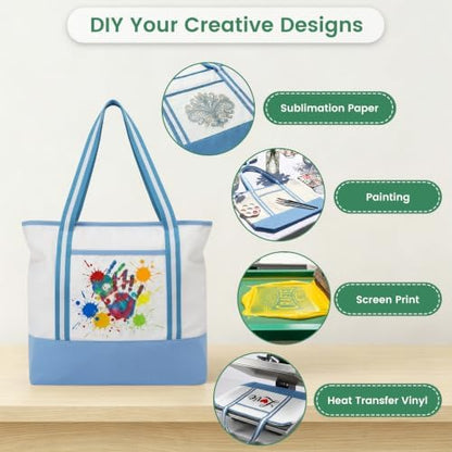 Carbrea 15 Inch Large Canvas Tote Bag with Bottom Support, Blue, 1 Pack