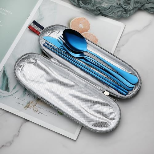 DEVICO Travel Utensils with Case, 5 Piece Portable Silverware Set for Work