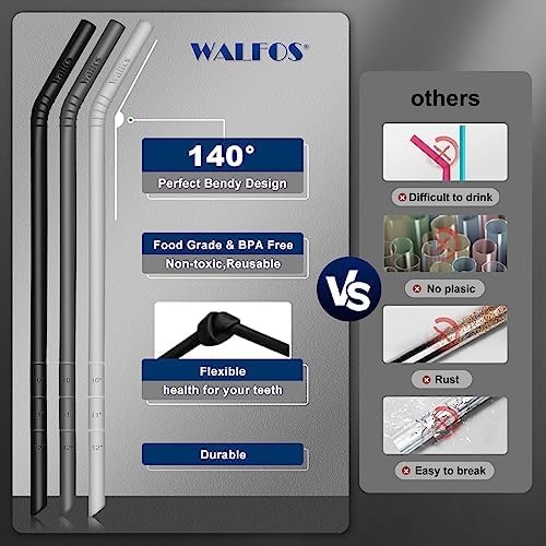 WALFOS Extra Long Reusable Silicone Straws 14.5 inch, Big Sizes Flexible Bendy Straws for 1/Half Gallon Large Water Bottles, 128 75 64 40 OZ Tumbler with Cleaning Brush (6-Pack)