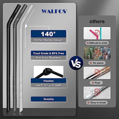WALFOS Extra Long Reusable Silicone Straws 14.5 inch, Big Sizes Flexible Bendy Straws for 1/Half Gallon Large Water Bottles, 128 75 64 40 OZ Tumbler with Cleaning Brush (6-Pack)