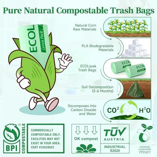ECOLipak 13 Gallon 100 Count Compostable Kitchen Trash Garbage Bags