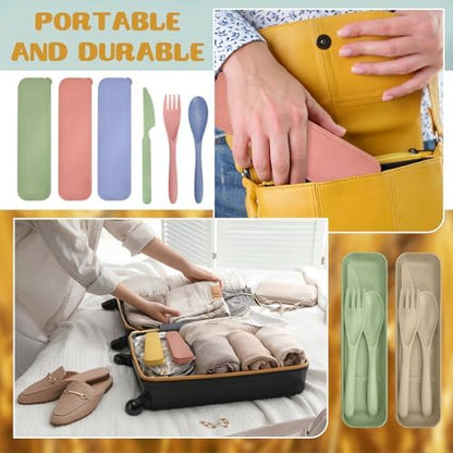 60 Sets Wheat Straw Silverware Set Bulk Wheat Straw Cutlery Lunch Box Accessories Reusable Travel Utensils Set with Case for Operation Christmas Child Items Bulk Kids Adults Camping(Light Color)
