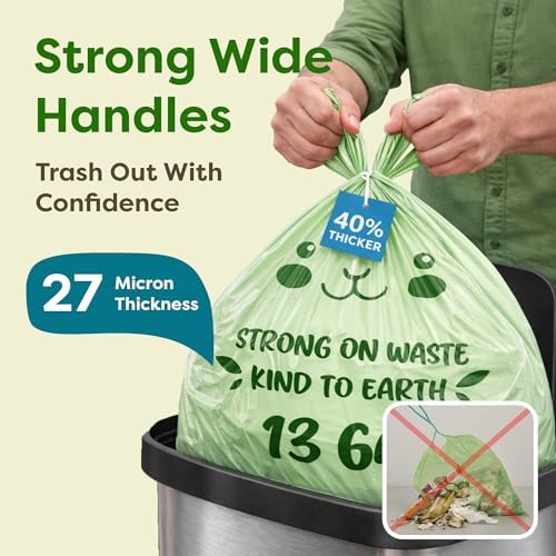 13 Gallon Compostable Trash Bags (40 Count) — Leakproof Plant-based Thick (1.1 Mil) Tall Kitchen Garbage Bags — ASTM D6400 BPI Certified — Heavy-Duty Large Food Scrap Liner Bag with Handle-Tie